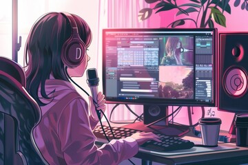 portrait illustration of a young woman indoor recording a podcast or streaming online on her laptop and multiple screens