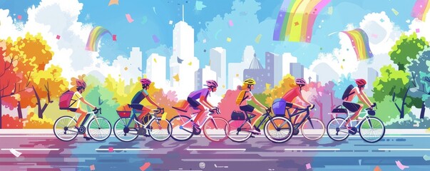 Obraz premium A group of people are riding bikes in a city, Pride Month and Day, LGBTIQ+ 
