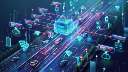 Futuristic smart city illustration with autonomous vehicles, connectivity icons, and data streams representing transport systems integrated with advanced communication technology.