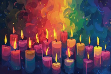 A colorful painting of a row of candles with a rainbow background, Pride Month and Day, LGBTIQ+ 