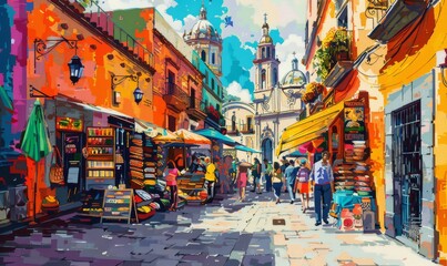 Fototapeta premium Drawing of a busy market in the morning