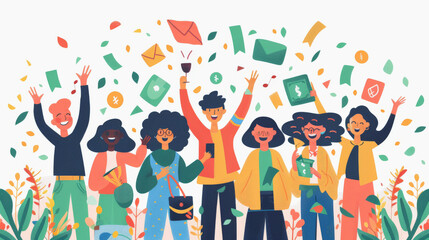 Illustration of a diverse group of joyful people celebrating with confetti, envelopes, and coins in the air, symbolizing success, communication, and financial achievement.