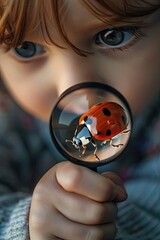 the child looks through a magnifying glass at the insect ladybug