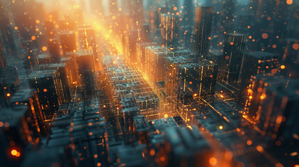 A futuristic cityscape with glowing, golden light streams representing data flow, amidst high-rise buildings, showcasing a concept of high-tech urban development and connectivity.