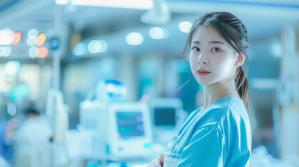In the bright hospital environment, a nurse, she is presenting medical products,generative ai