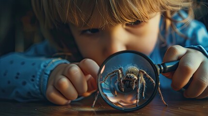 a child looks through a magnifying glass at a spider