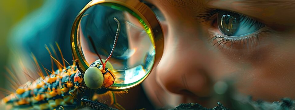 a child looks through a magnifying glass at a caterpillar - Powered by Adobe