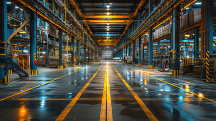 Empty industrial warehouse showcasing safety lanes and logistic equipment in a large facility.