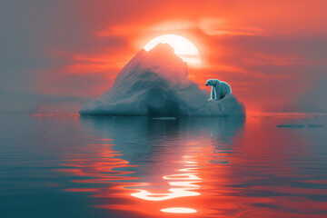 Fototapeta na wymiar Surreal Arctic Sunset with Polar Bear on Iceberg