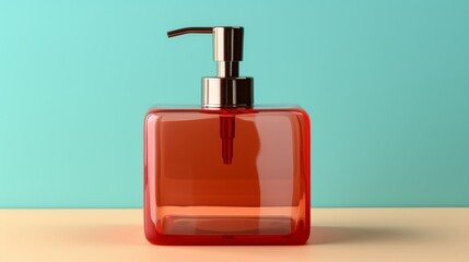 Obraz premium A crimson-colored soap dispenser sits gracefully on a wooden surface