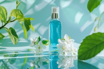 Serene Spa Setting With Blue Glass Bottle and White Blossoms on Water Surface
