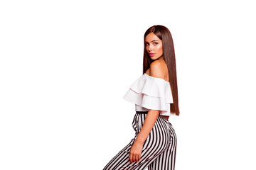 Profile side view portrait of trendy thin slim attractive magnificent fashionable well-groomed lady...