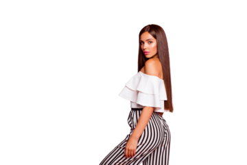 Profile side view portrait of trendy thin slim attractive magnificent fashionable well-groomed lady in striped pants isolated over bright vivid red background