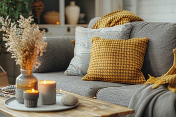 The stylish boho compostion at living room interior with design gray sofa, wooden coffee table, commode and elegant personal accessories. Honey yellow pillow and plaid. Cozy apartment. Home decor