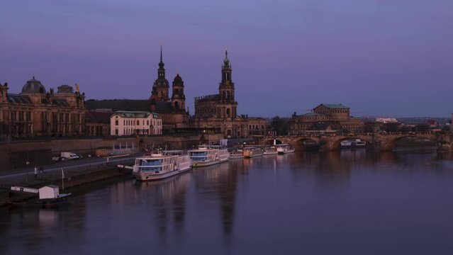 Timelapse from night to day of Elbe river and Dresden skyline
