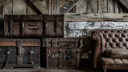 Obraz premium Vintage Leather Suitcases and Classic Chesterfield Armchair by Rustic Wooden Wall