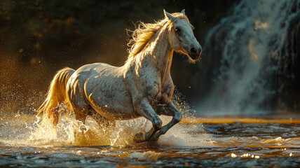 Equestrian Majesty: Dynamic horse, cascading waterfall, sunlight rays.generative ai