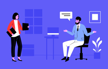 Office workers at workplace, man and woman. Vector of business office illustration, woman at workplace and man working, character person worker