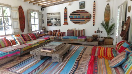 Naklejka premium Bohemian Living Room with Colorful Textiles and Vintage Surfboards