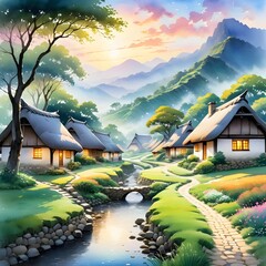 rustic village cobblestone paths winding between thatched roof cottages soft ethereal glow envelop