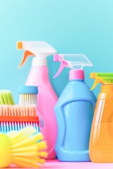 Vibrant Assortment of Household Cleaning Supplies Against a Blue Background