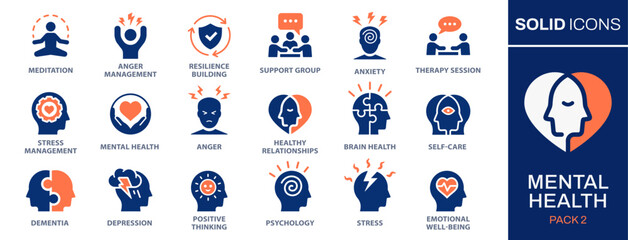 Mental health icon set. Collection of meditation, stress management, anxiety, psychosis, depression and more. Vector illustration. Easily changes to any color.