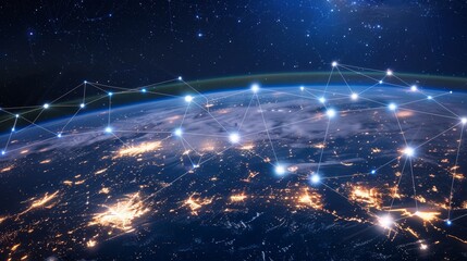 Earth viewed from space, adorned with glowing connection lines symbolizing global networking and technological advancement, Ai Generated.