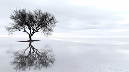 Tranquil minimalism lone tree, serene reflection, nature backdrop, Ai Generated