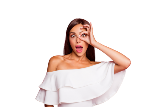 Portrait of nice adorable pretty dreamy foolish lady wearing white off-the-shoulders top showing ok-sign gesture like glasses opened mouth isolated over pastel red background