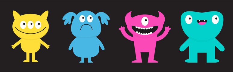 Happy Halloween. Four monster set line. Cute kawaii cartoon funny boo character. Colorful silhouette monsters. Different face. Eyes, horns, hands. Childish style. Flat design. Black background. Vector