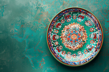 Ornate Mosaic Plate Art on Green Background with Floral Patterns