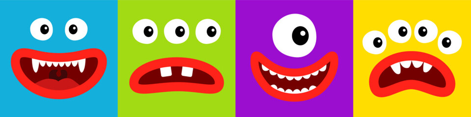 Happy Halloween. Cute monster face head set line banner. Four square monsters. Spooky Smiling Boo screaming sad face emotion. Eyes, teeth fang, mouse, lips. Flat design. Baby kids background. Vector