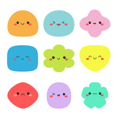 Kawaii monster face icon set. Happy Halloween. Different shape monsters. Cute cartoon funny baby character. Colorful silhouette. Sticker print. Eyes, cheeks mouth. Flat design. White background Vector