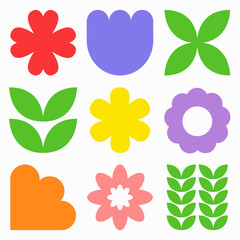 Flower head leaf plant set. Abstract geometric daisy chamomile tulip leaves collection. Cute colorful camomile icon. Growing concept. Simple shape sign symbol. Flat design. White background. Vector