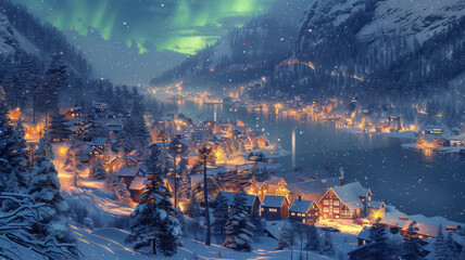 a norwegan norse style artwork of a snowy town, northern lights, forest and lake in background,generative ai