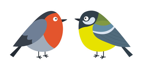 Bullfinch Great Tit red blue yellow feather bird set. Fat round body. Cute cartoon kawaii funny baby character. Winter animal collection. Childish style. Flat design. Isolated. White background Vector
