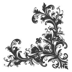 Silhouette Baroque ornament for corner with filigree floral element black color only