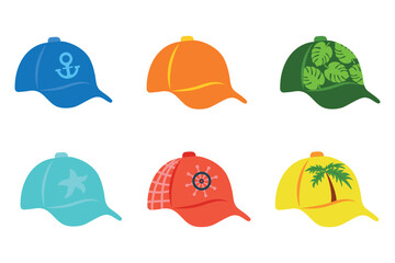 A set of baseball caps, summer caps with different designs and colors. Vector illustration of a summer headdress.