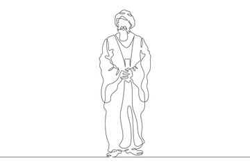 Muslim priest, Islamic clergyman. Male priest in full length in religious vestments. Religion. One continuous line. Line art. Minimum one line. White background. One line drawing.