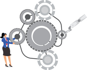 Working with artificial intelligence, technological reforms and innovations, automation and intelligence to help improve efficiency, traders holding gears connected to gears held by robotic arms