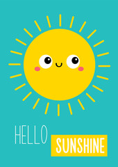 Cute sun shining. Cartoon kawaii funny baby character. Smiling face with big eyes. Hello sunshine summer greeting card. Childish style. Flat design. Isolated. Blue background. Vector illustration