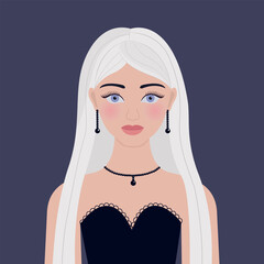 Young girl modern face. Portrait of woman. Blond white long hair. Blue eyes. Beautiful lady, female. Earrings, necklaces. Front view. Avatar for social networks. Flat design. Violet background. Vector