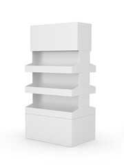 Double Sided Advertising Corrugated Supermarket Retail Promotion Cardboard Display Shelf for Food Product. 3d Illustration.