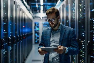 Professional IT Manager Auditing Data Center Operations at Night