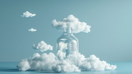 Product Shoot Translation: For the product shoot, capture a transparent glass bottle in the shape of a cloud against a solid blue wall backdrop. 3D white clouds are floating in the scene. Utilize soft
