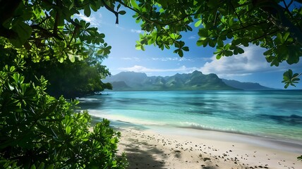  A serene beach scene framed by lush green foliage and distant mountain vistas, with tranquil blue waters inviting exploration. 
