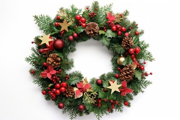A holiday wreath adorned with red berries, pine cones, and gold stars creating a cheerful Christmas mood