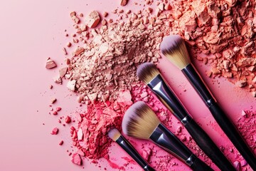 Assortment of Makeup Products and Tools Spread on a Pink Surface