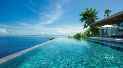infinity pool with ocean view surrounded by lush greenery and blue sky, shaded by a white umbrella, with a building in the background
