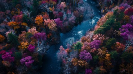 Aerial view of an autumn forest with colorful leaves and rivers, captured in the style of drone